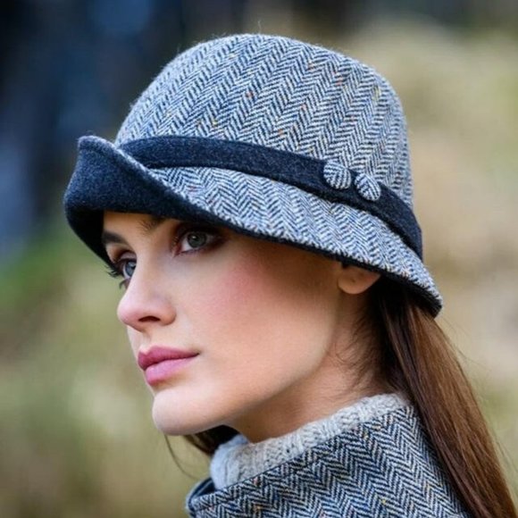 New Herringbone Fold Brim Wool Bucket Hat Black Gray Made in Ireland - Picture 1 of 8